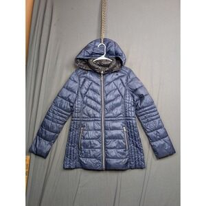 Guess Metallic Blue Quilted Hooded Puffer Jacket Size Medium